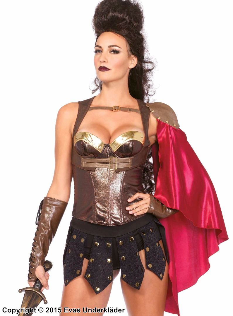 Kvinnlig gladiator, kroppsele i satin med cape och en axel